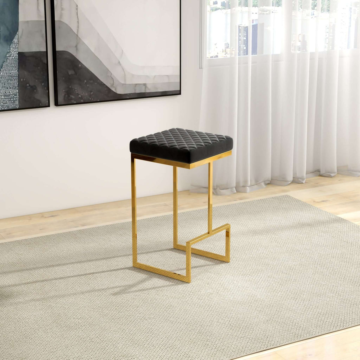 Joel Mid Century Modern Luxury Upholstered Stool 25.5" / Black Velvet from Ashcroft Furniture - Luna Furniture