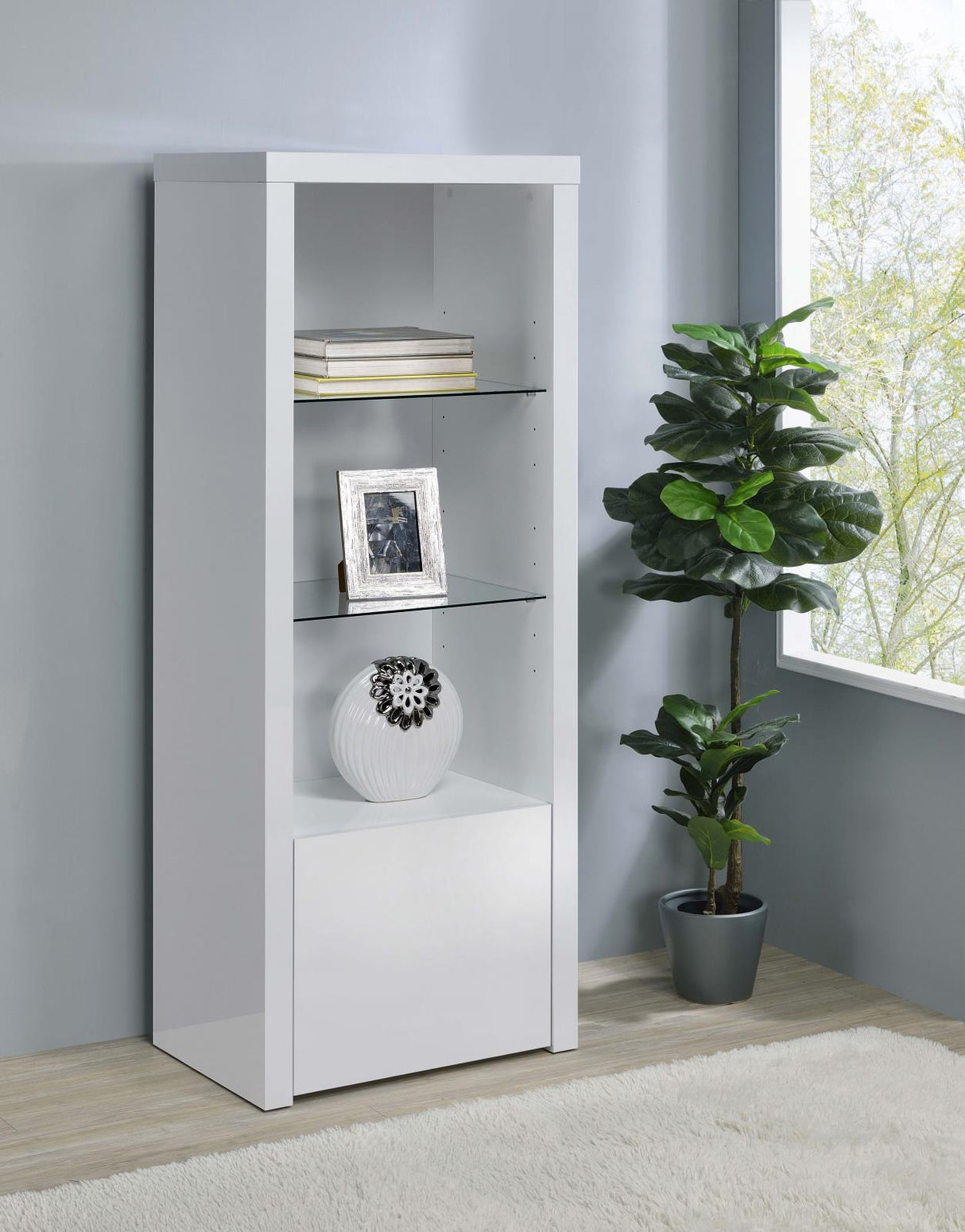 Jude White High Gloss 3-Shelf Media Tower With Storage Cabinet from Coaster - Luna Furniture