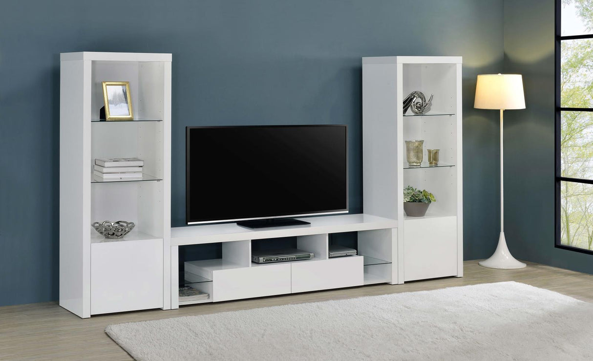Jude White High Gloss 3-Shelf Media Tower With Storage Cabinet from Coaster - Luna Furniture