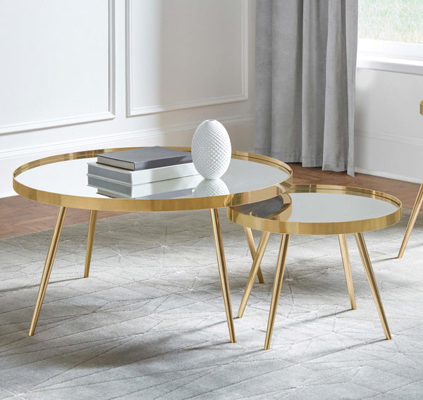 Kaelyn Mirror and Gold 2-Piece Mirror Top Nesting Coffee Table