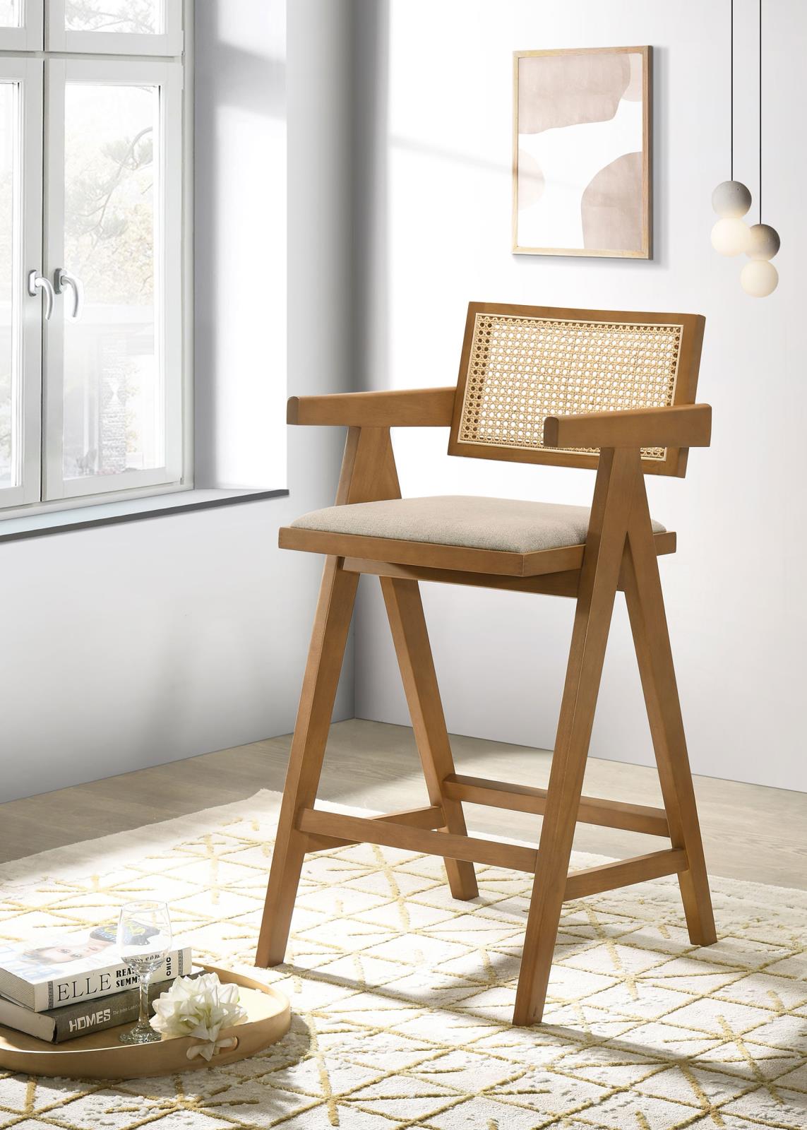 Kane Light Walnut Solid Wood Bar Stool with Woven Rattan Back, Set of 2 from Coaster - Luna Furniture