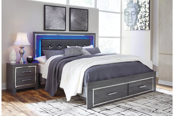 Lodanna Gray King LED Upholstered Storage Panel Bed
