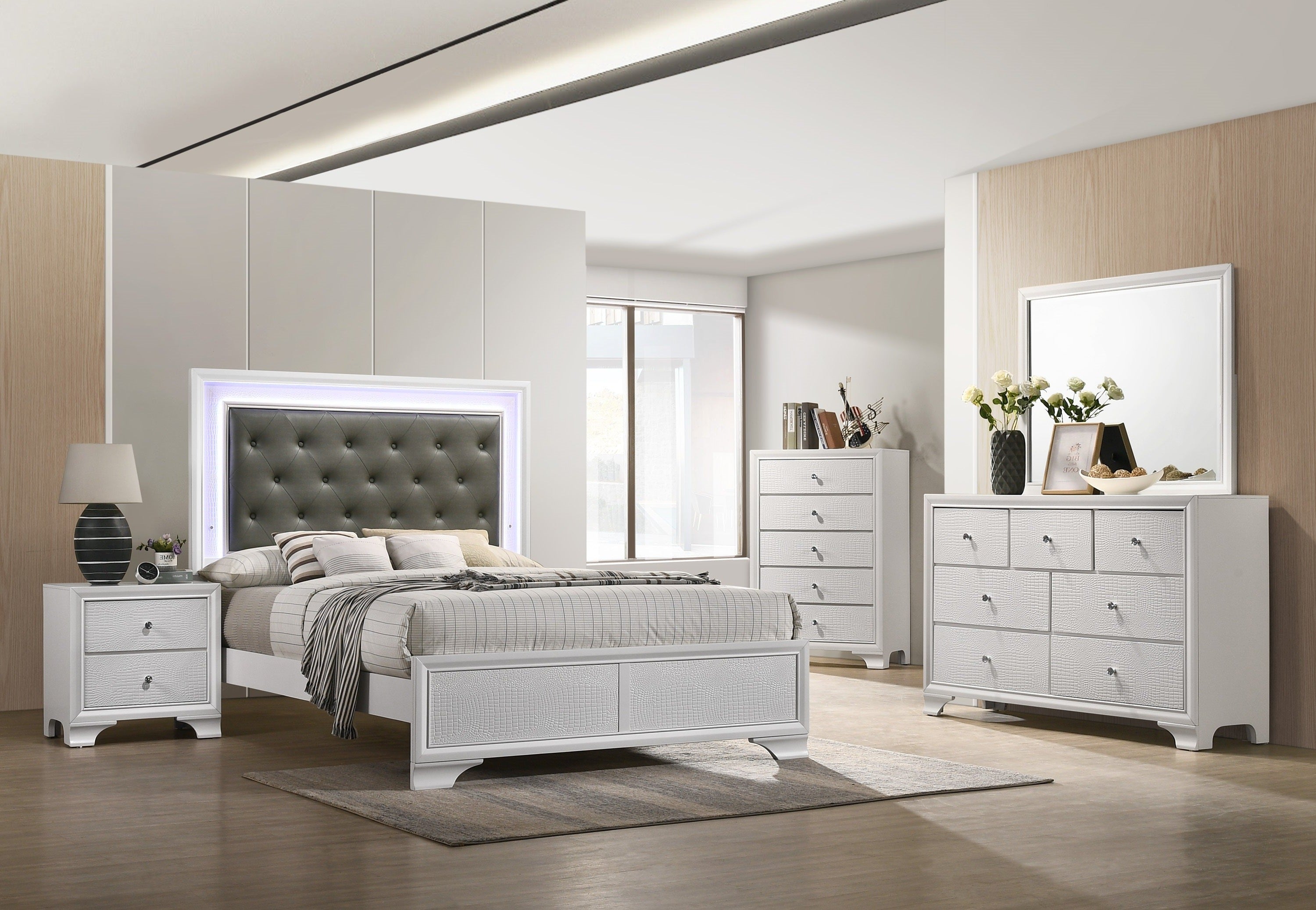 Lyssa Frost LED Upholstered Panel Bedroom Set - Luna Furniture