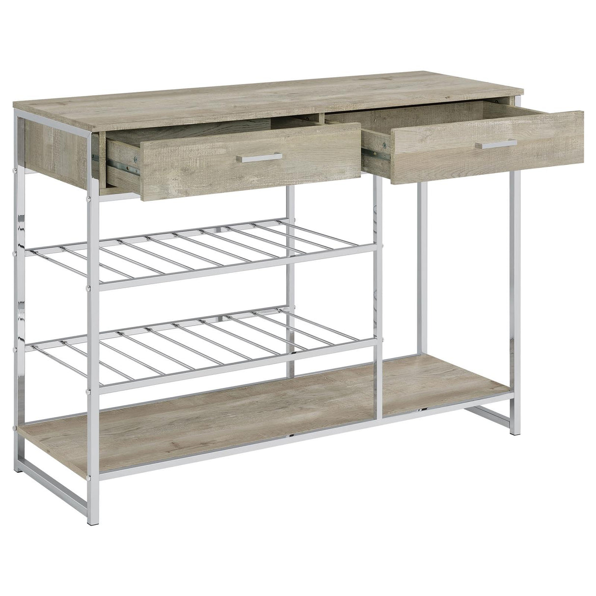 Melrose Gray Washed Oak and Chrome 2-Shelf Wine Cabinet with 2-Drawers from Coaster - Luna Furniture