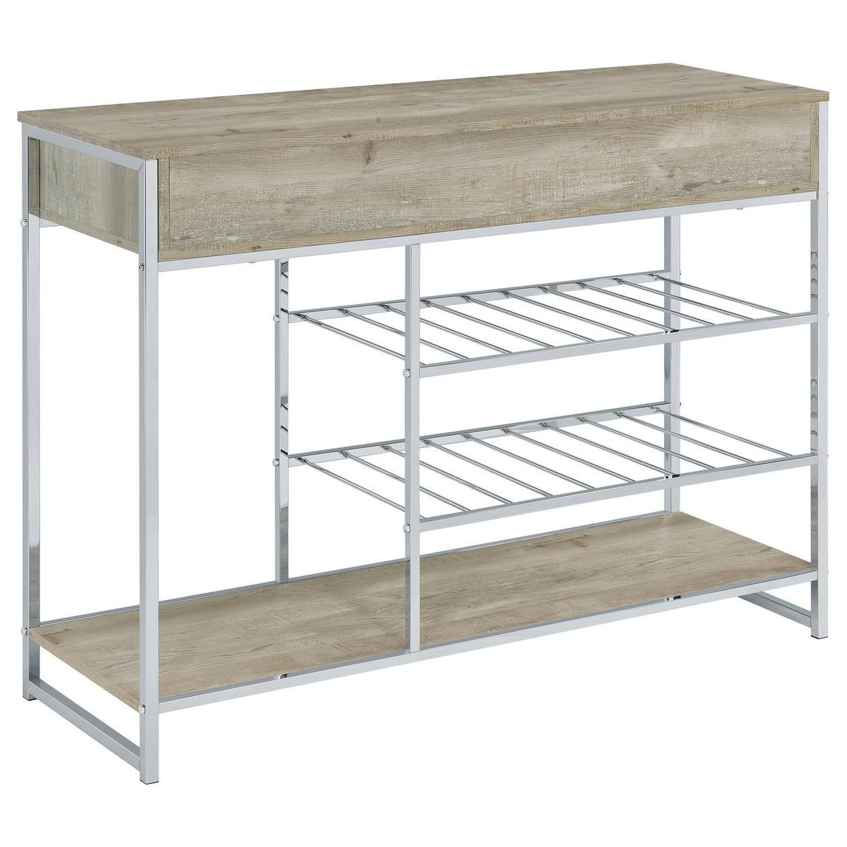 Melrose Gray Washed Oak and Chrome 2-Shelf Wine Cabinet with 2-Drawers from Coaster - Luna Furniture