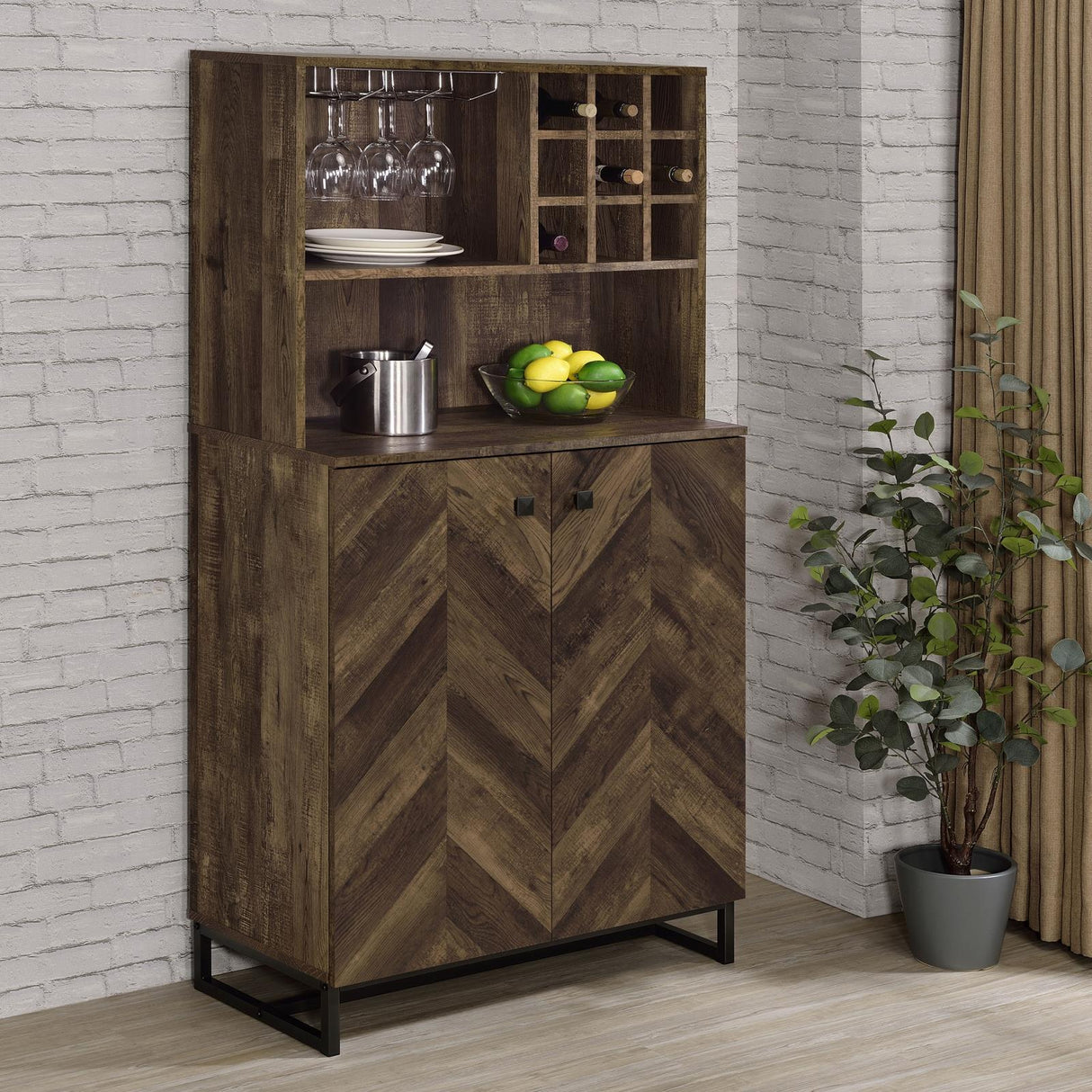 Mendoza Rustic Oak Herringbone and Gunmetal 2-Door Wine Cabinet from Coaster - Luna Furniture