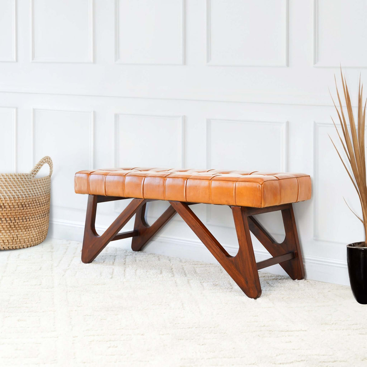 Mia Tan Leather Buttoned Bench from Midinmod - Luna Furniture