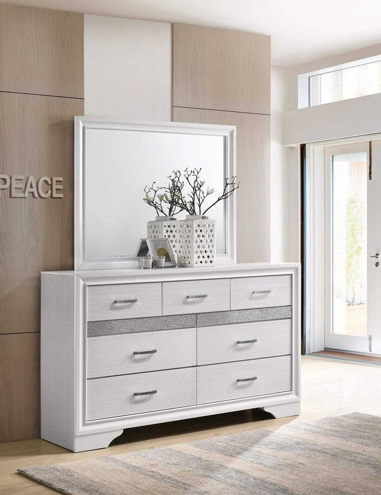 Miranda White and Rhinestone 7-Drawer Dresser with Mirror from Coaster - Luna Furniture