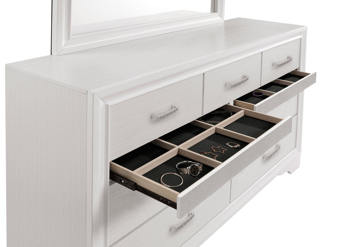 Miranda White and Rhinestone 7-Drawer Dresser with Mirror from Coaster - Luna Furniture