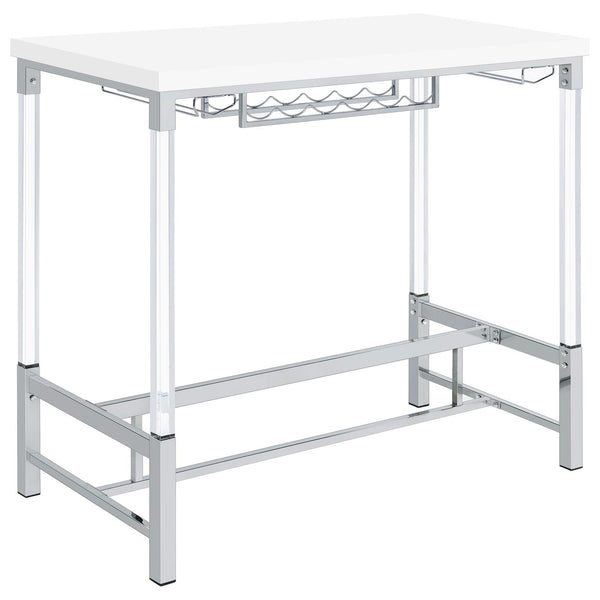 Norcrest White High Gloss Pub Height Bar Table with Acrylic Legs and Wine Storage
