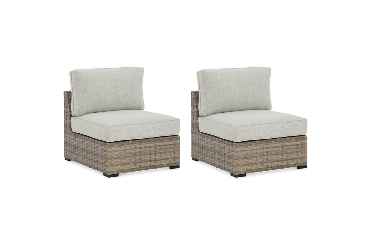 Calworth Beige Outdoor Armless Chair with Cushion, Set of 2 from Ashley - Luna Furniture