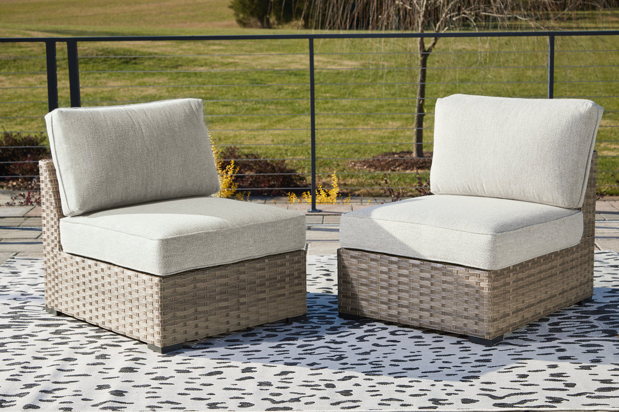 Calworth Beige Outdoor Armless Chair with Cushion, Set of 2 from Ashley - Luna Furniture