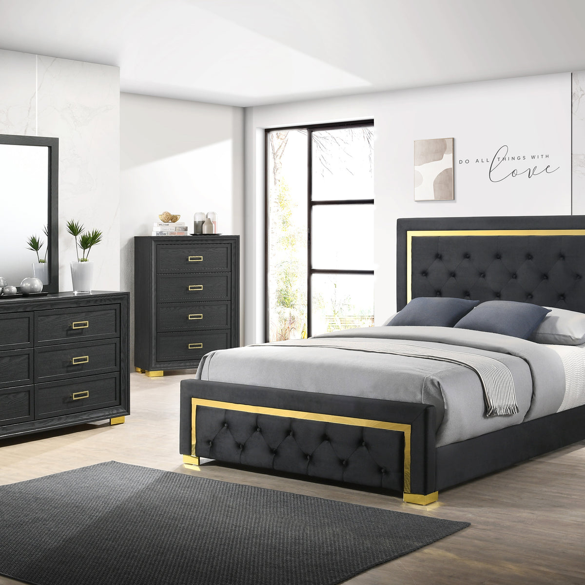 Pepe Black/Gold Panel Upholstered Bedroom Set Pepe Black/Gold Panel Upholstered Bedroom Set