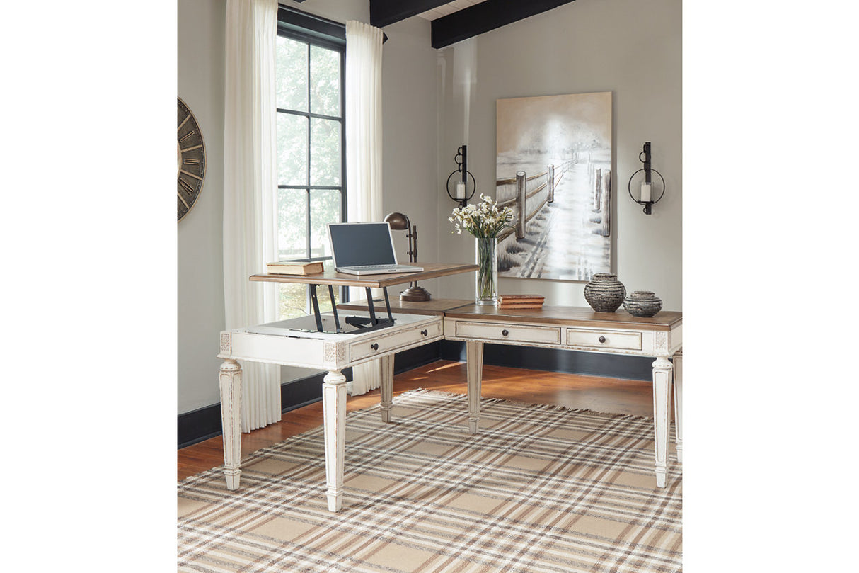 Realyn White/Brown 2-Piece Home Office Lift Top Desk from Ashley - Luna Furniture