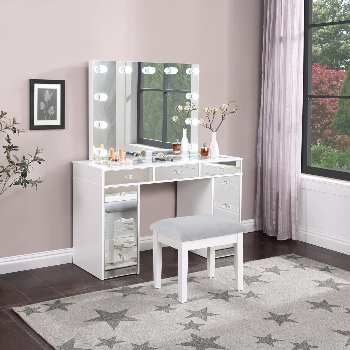 Regina White 3-Piece Makeup Vanity Table Set Hollywood Lighting and Mirror from Coaster - Luna Furniture