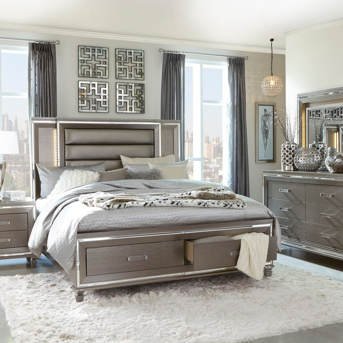 Tamsin Silver/Gray Metallic LED Upholstered Storage Platform Bedroom Set - Luna Furniture Tamsin Silver/Gray Metallic LED Upholstered Storage Platform Bedroom Set - Luna Furniture