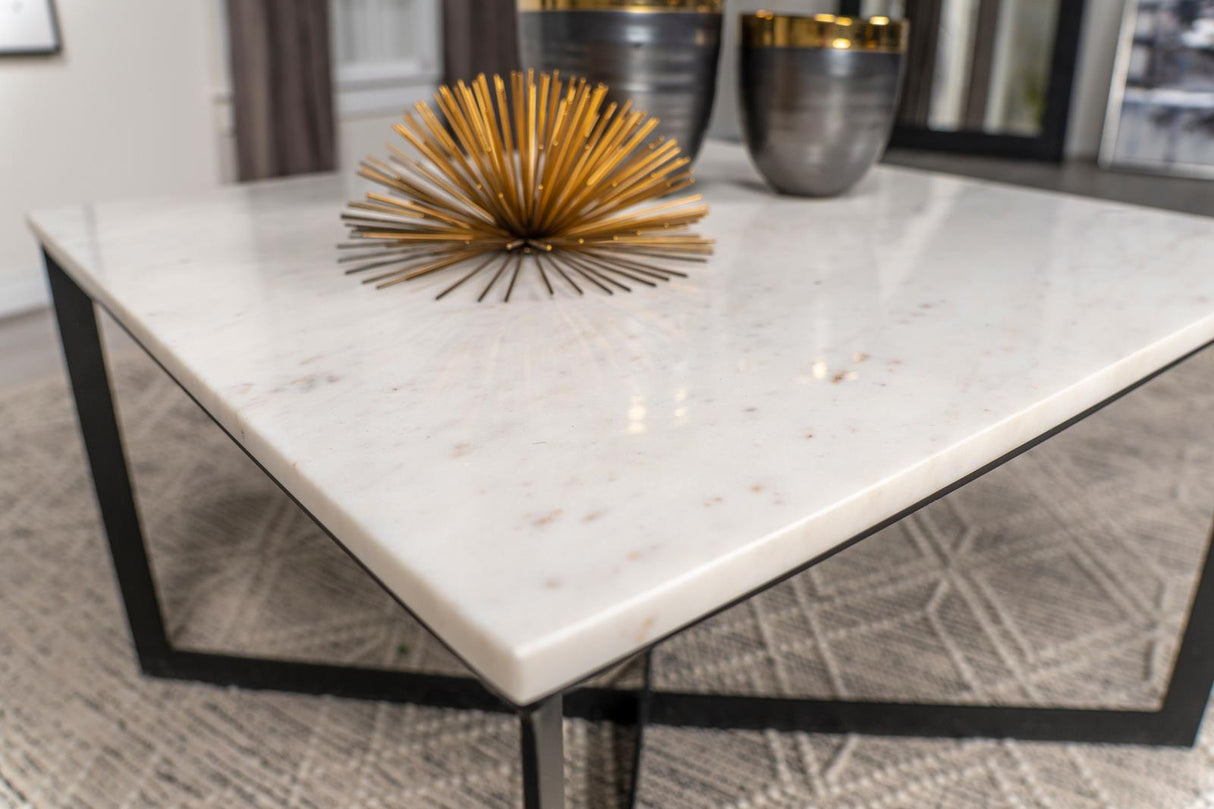 Tobin White and Black Square Marble Top Coffee Table from Coaster - Luna Furniture