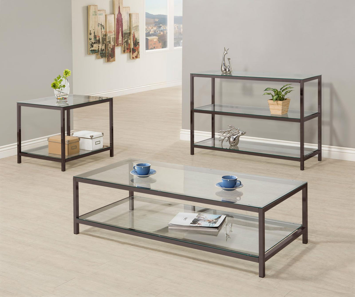 Trini Black Nickel Sofa Table with Glass Shelf from Coaster - Luna Furniture