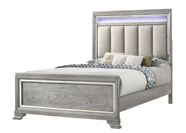 Vail Gray Queen LED Upholstered Panel Bed