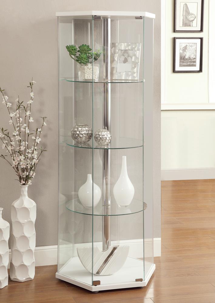 Zahavah White and Clear 4-Shelf Hexagon Shaped Curio Cabinet from Coaster - Luna Furniture