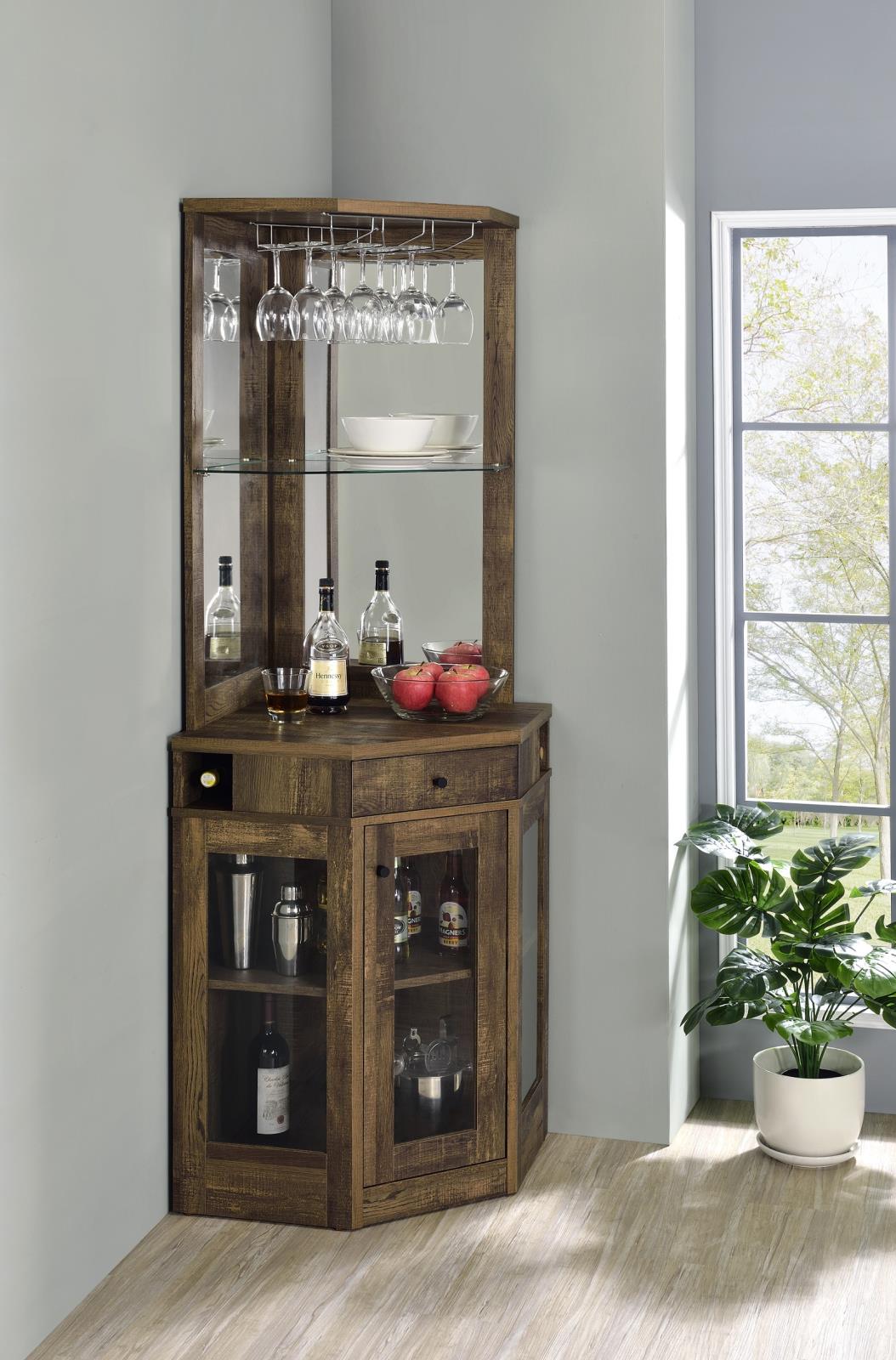 Alviso Rustic Oak Corner Bar Cabinet with Stemware Rack from Coaster - Luna Furniture
