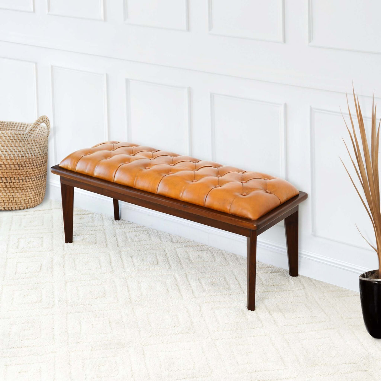 Arden Tan Leather Buttoned Bench from Midinmod - Luna Furniture