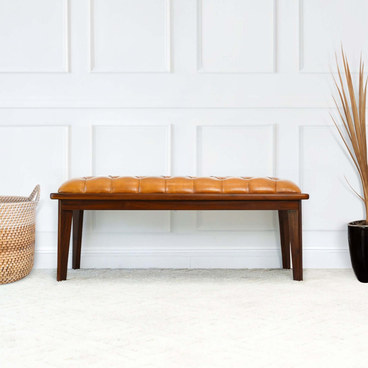 Arden Tan Leather Buttoned Bench from Midinmod - Luna Furniture