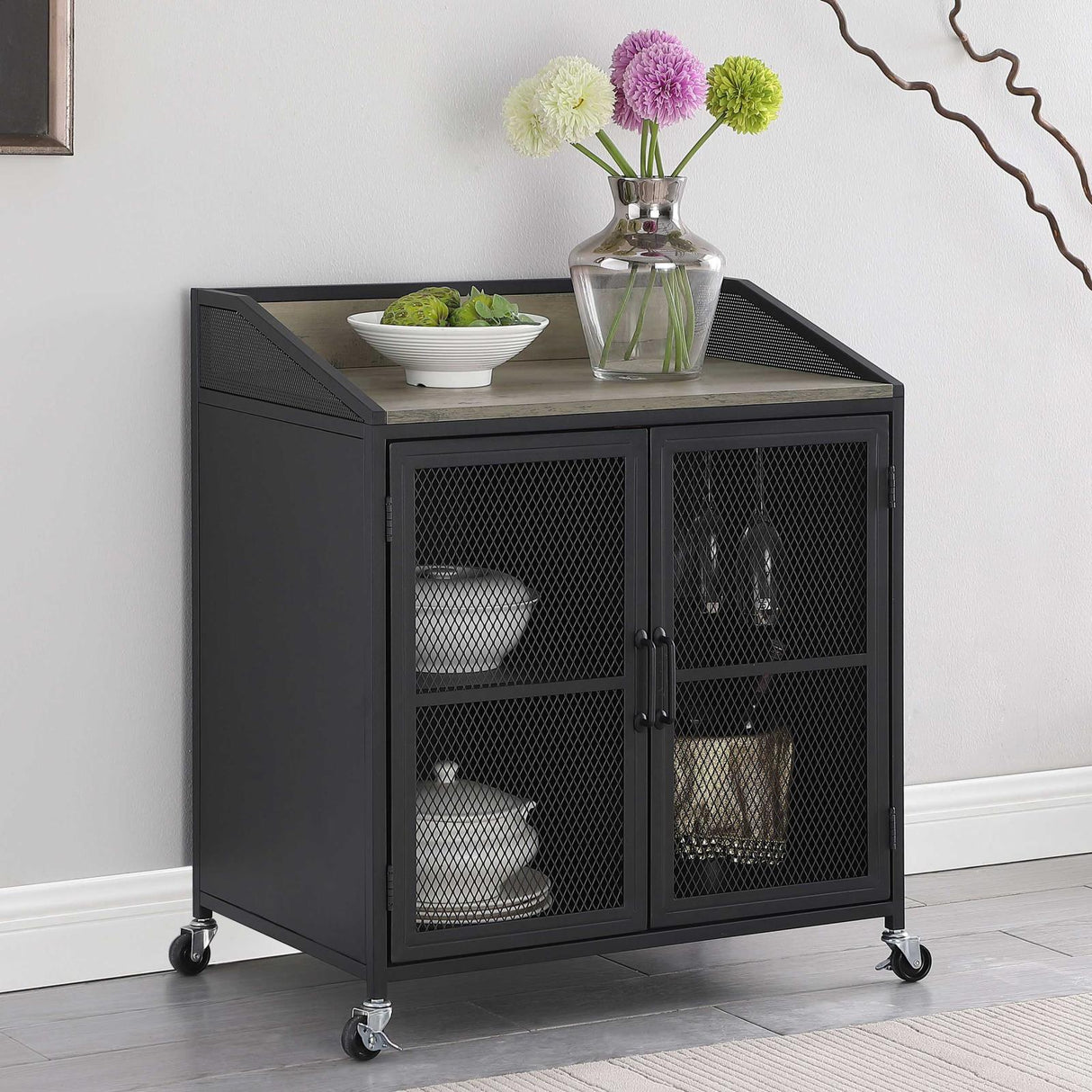 Arlette Gray Wash and Sandy Black Wine Cabinet with Wire Mesh Doors from Coaster - Luna Furniture