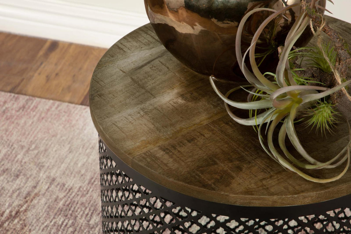 Aurora Natural and Black Round Accent Table with Drum Base from Coaster - Luna Furniture