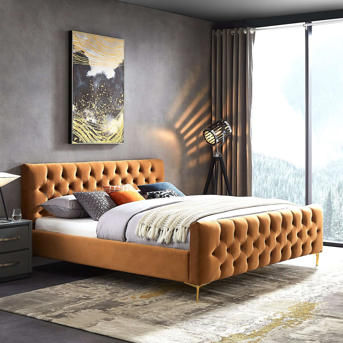 Bailey Velvet Upholstered Platform Bed King / Cognac from Ashcroft Furniture - Luna Furniture
