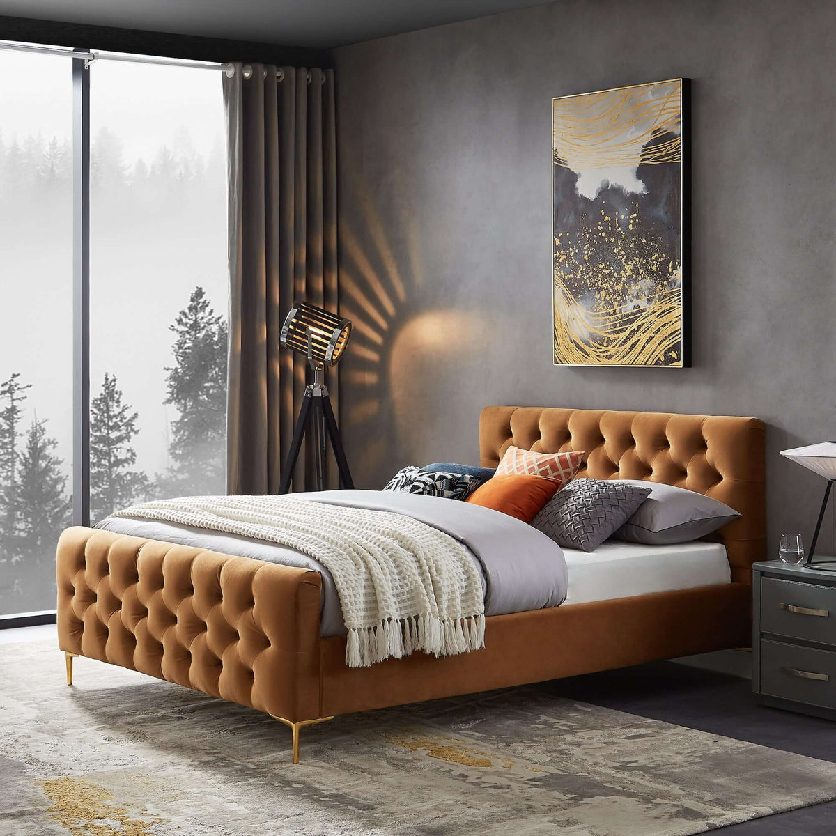 Bailey Velvet Upholstered Platform Bed King / Cognac from Ashcroft Furniture - Luna Furniture