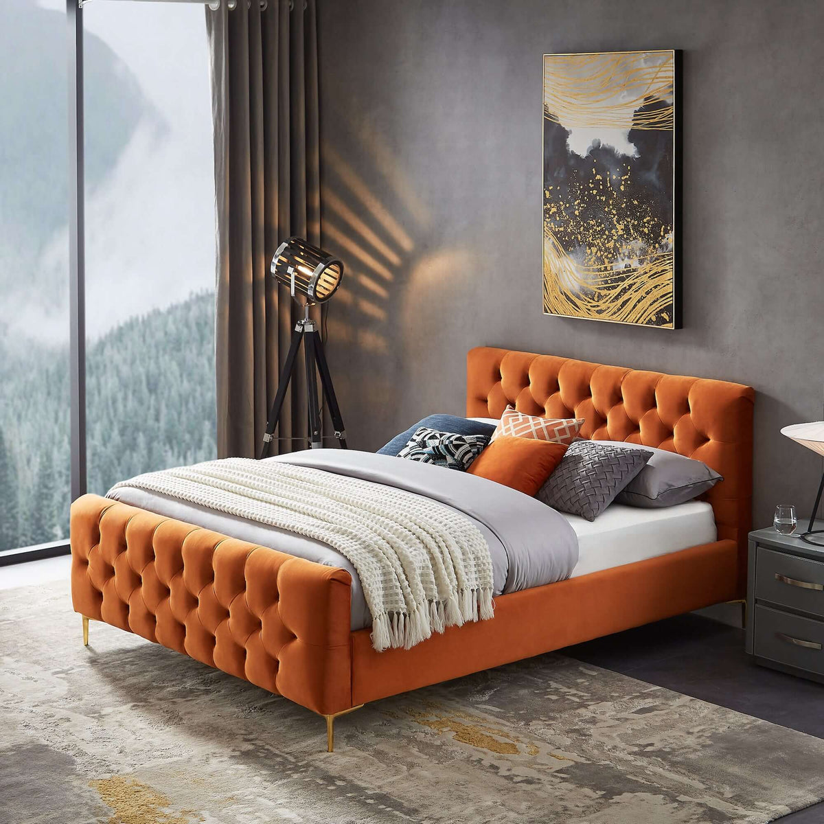 Bailey Velvet Upholstered Platform Bed King / Cognac from Ashcroft Furniture - Luna Furniture