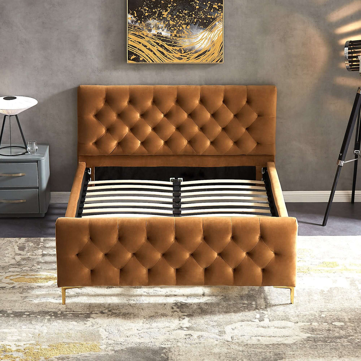 Bailey Velvet Upholstered Platform Bed King / Cognac from Ashcroft Furniture - Luna Furniture