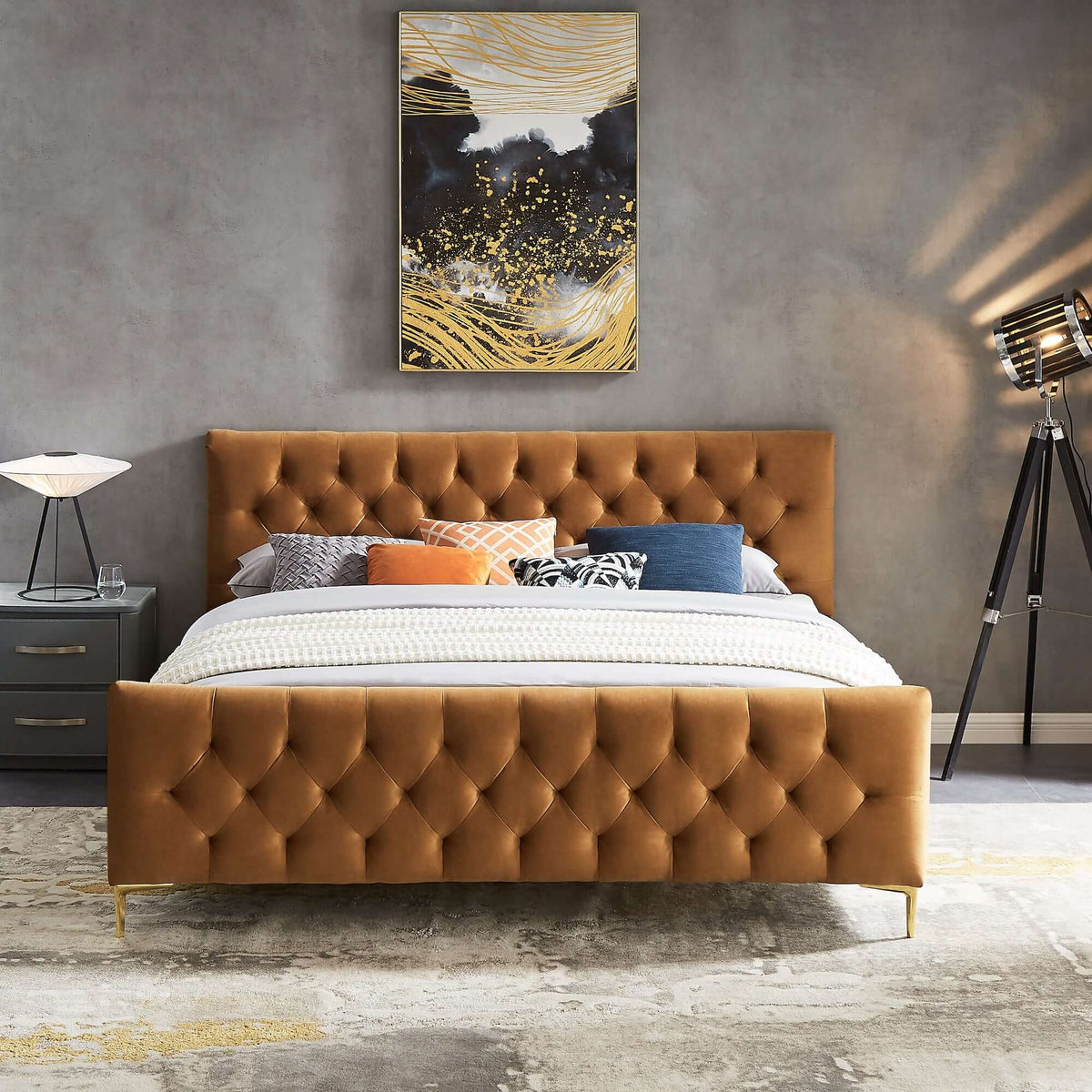 Bailey Velvet Upholstered Platform Bed King / Cognac from Ashcroft Furniture - Luna Furniture