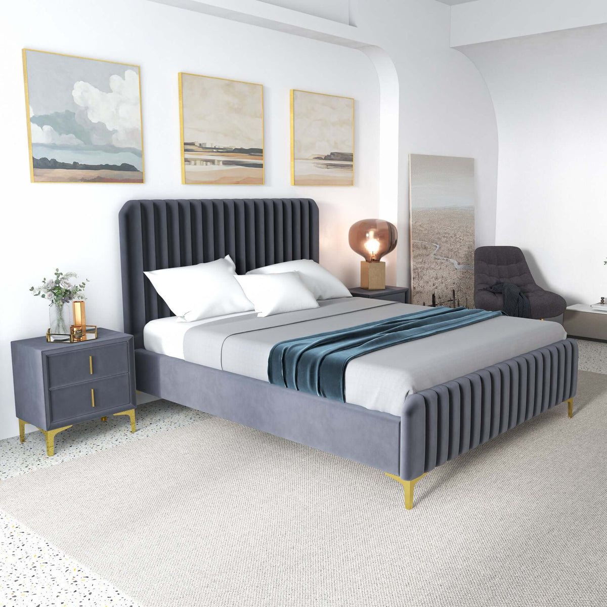 Bethany Velvet Upholstered Platform Bed Queen / Grey from Ashcroft Furniture - Luna Furniture