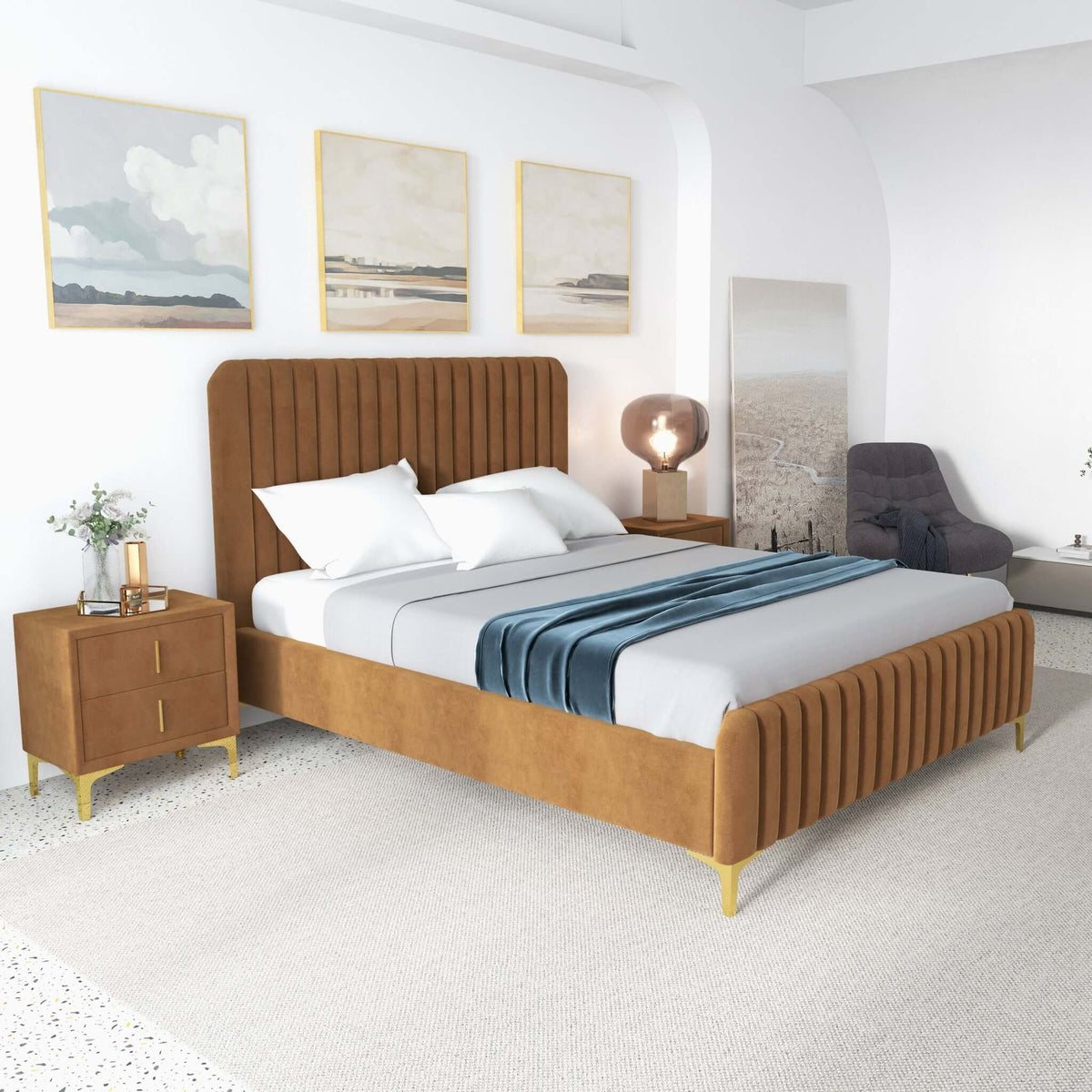 Bethany Velvet Upholstered Platform Bed Queen / Grey from Ashcroft Furniture - Luna Furniture