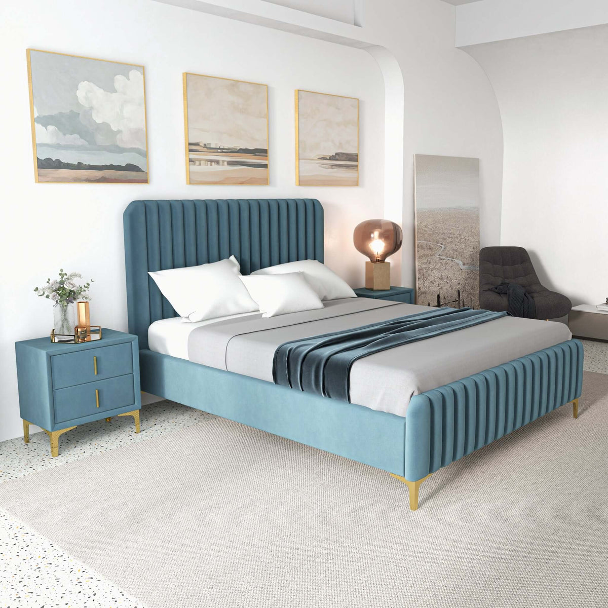 Bethany Velvet Upholstered Platform Bed Queen / Grey from Ashcroft Furniture - Luna Furniture