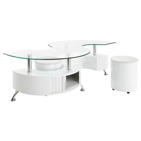 Buckley Curved Glass Top Coffee Table With Stools White High Gloss - 703400 - Luna Furniture