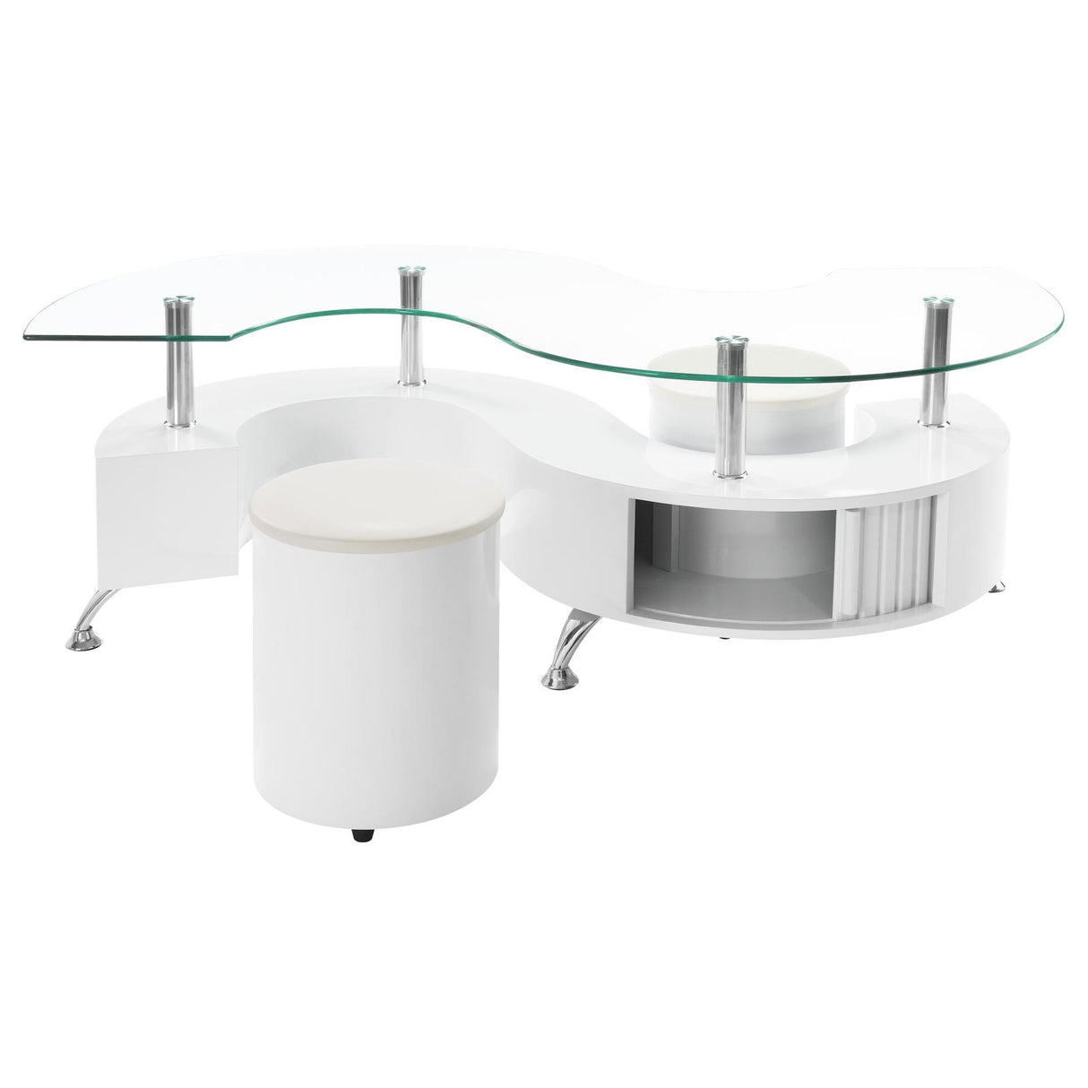 Buckley White High Gloss Curved Glass Top Coffee Table with Stools from Coaster - Luna Furniture