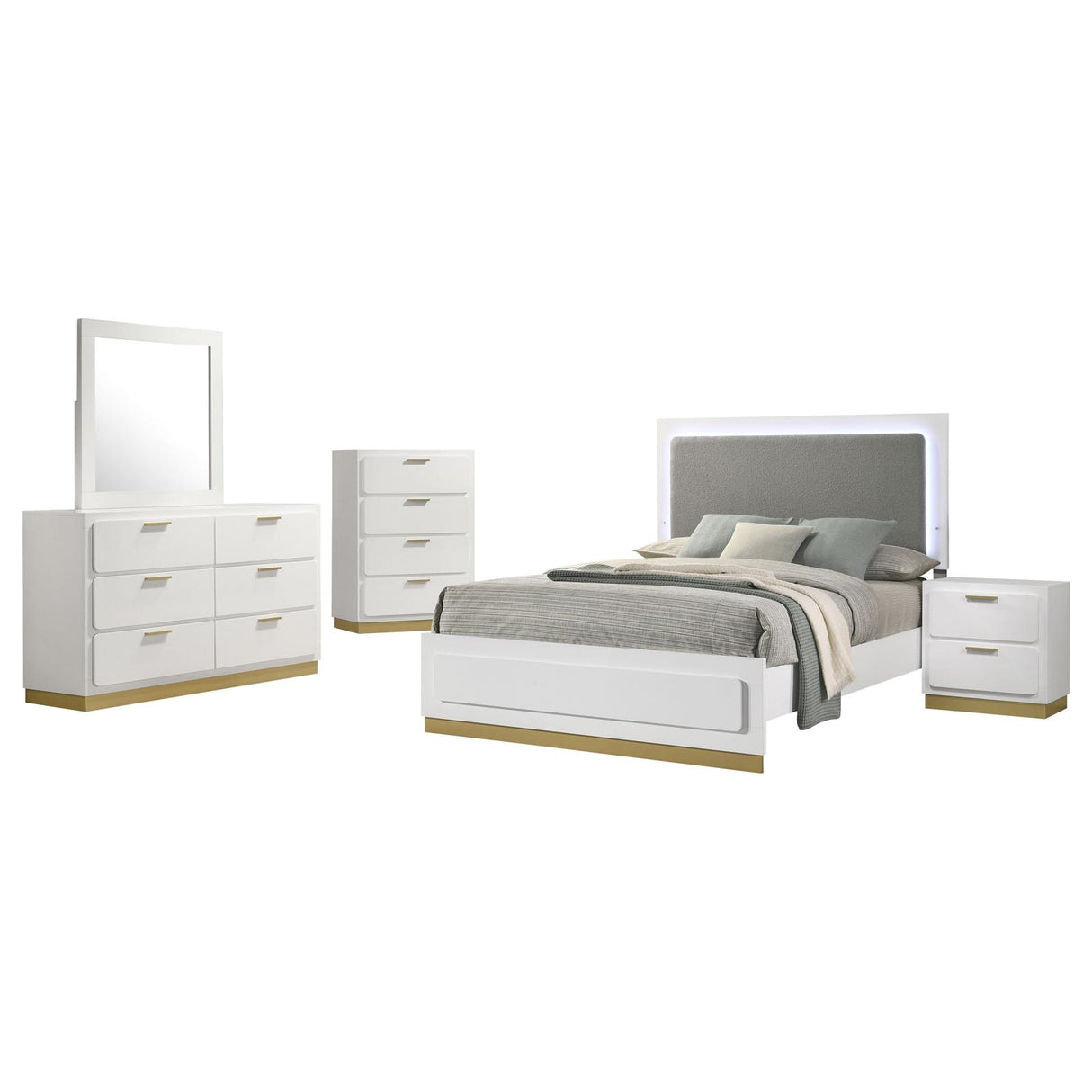 Caraway White and Gray 5-Piece Queen Bedroom Set with LED Headboard from Coaster - Luna Furniture