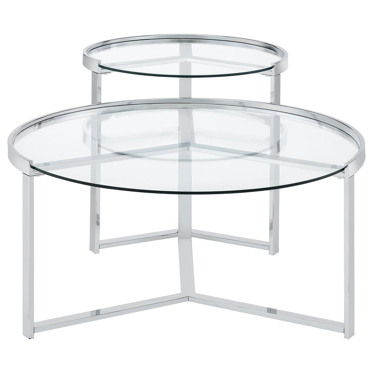 Delia Clear and Chrome 2-Piece Round Glass Top Nesting Coffee Table from Coaster - Luna Furniture