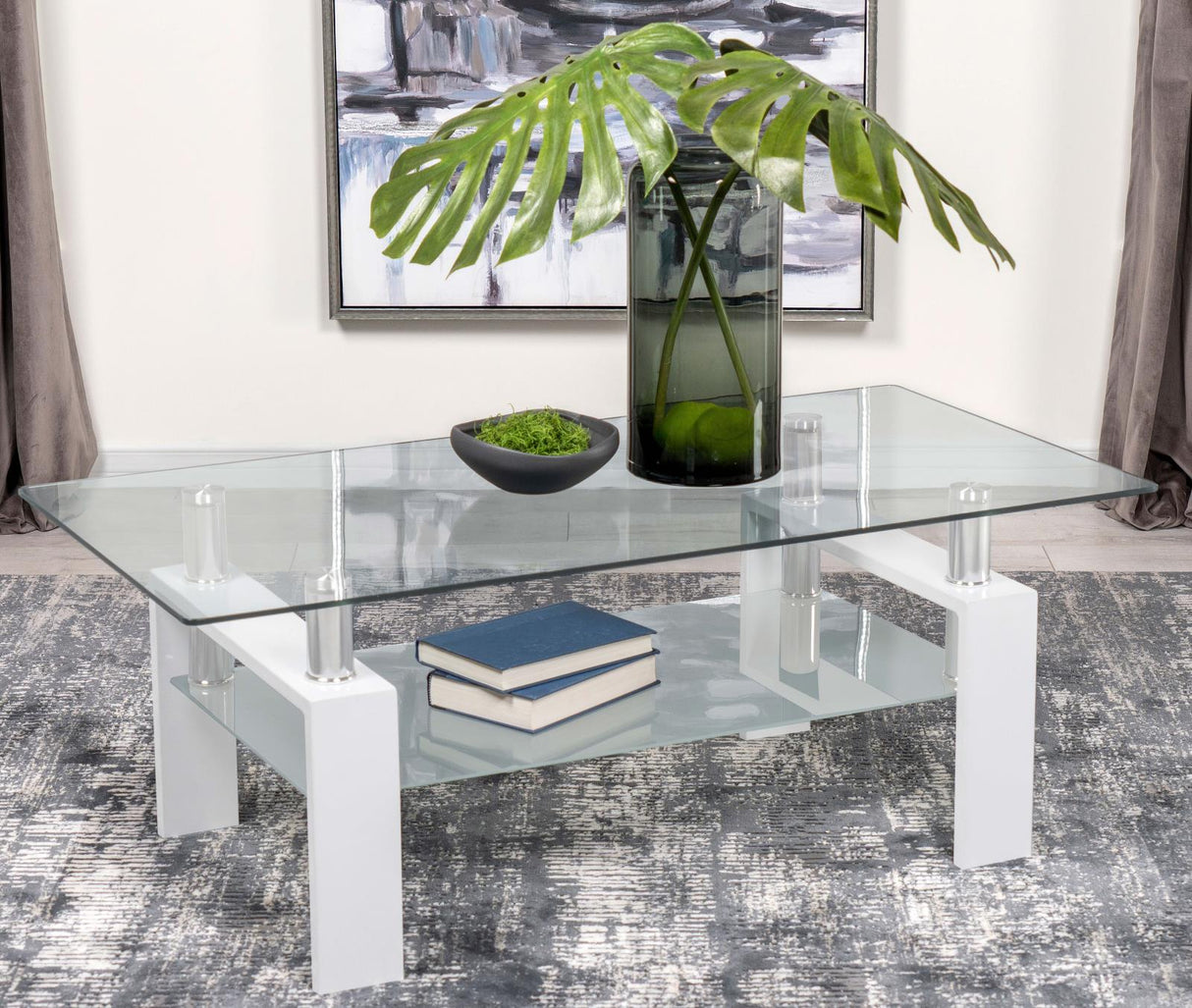 Dyer White Rectangular Glass Top Coffee Table With Shelf from Coaster - Luna Furniture