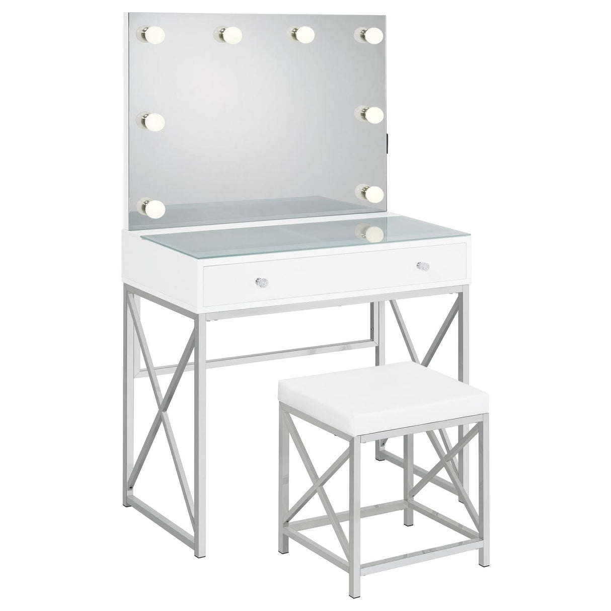 Eliza White and Chrome 2-Piece Vanity Set with Hollywood Lighting from Coaster - Luna Furniture