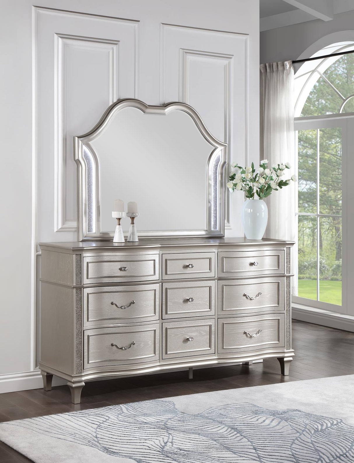 Evangeline Silver Oak 9-Drawer Dresser with Mirror from Coaster - Luna Furniture