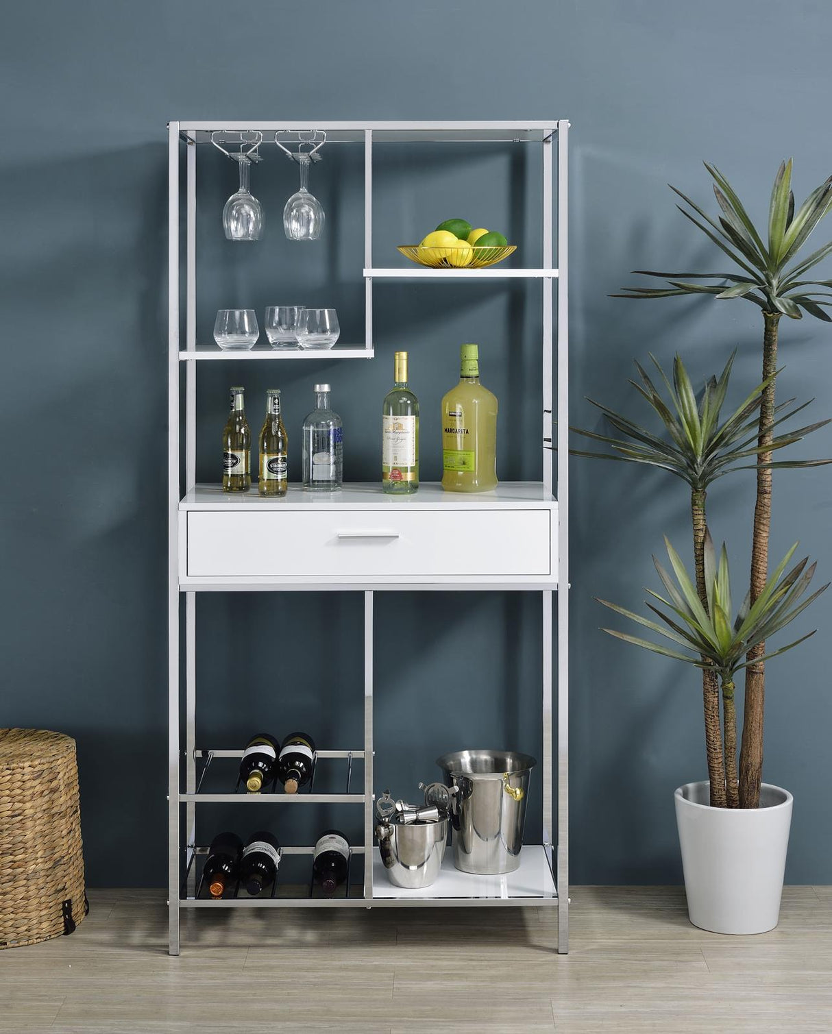 Figueroa White High Gloss and Chrome 5-Shelf Wine Cabinet with Storage Drawer from Coaster - Luna Furniture