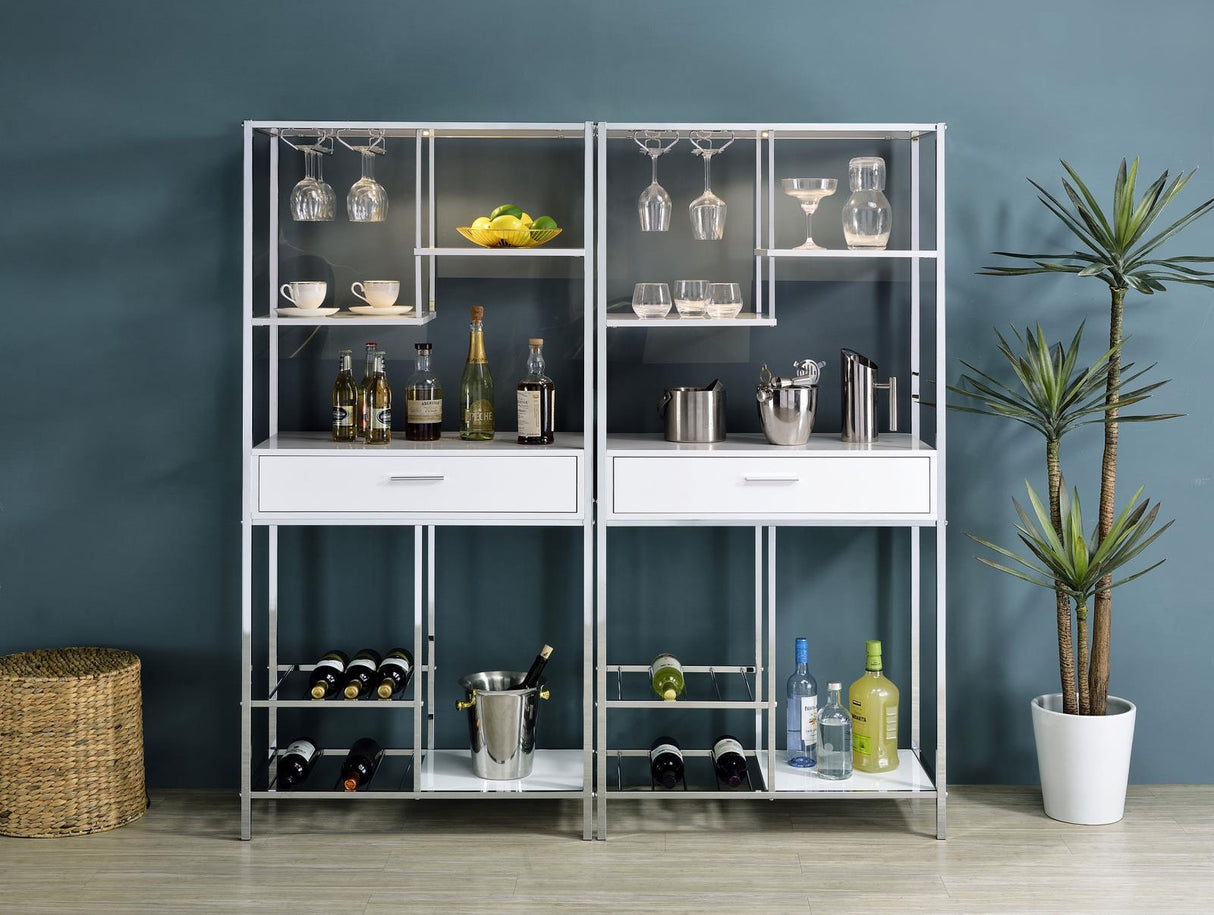 Figueroa White High Gloss and Chrome 5-Shelf Wine Cabinet with Storage Drawer from Coaster - Luna Furniture
