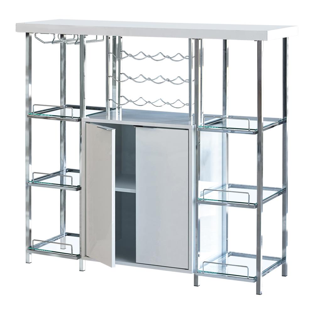 Gallimore High Glossy White and Chrome 2-Door Bar Cabinet with Glass Shelf from Coaster - Luna Furniture