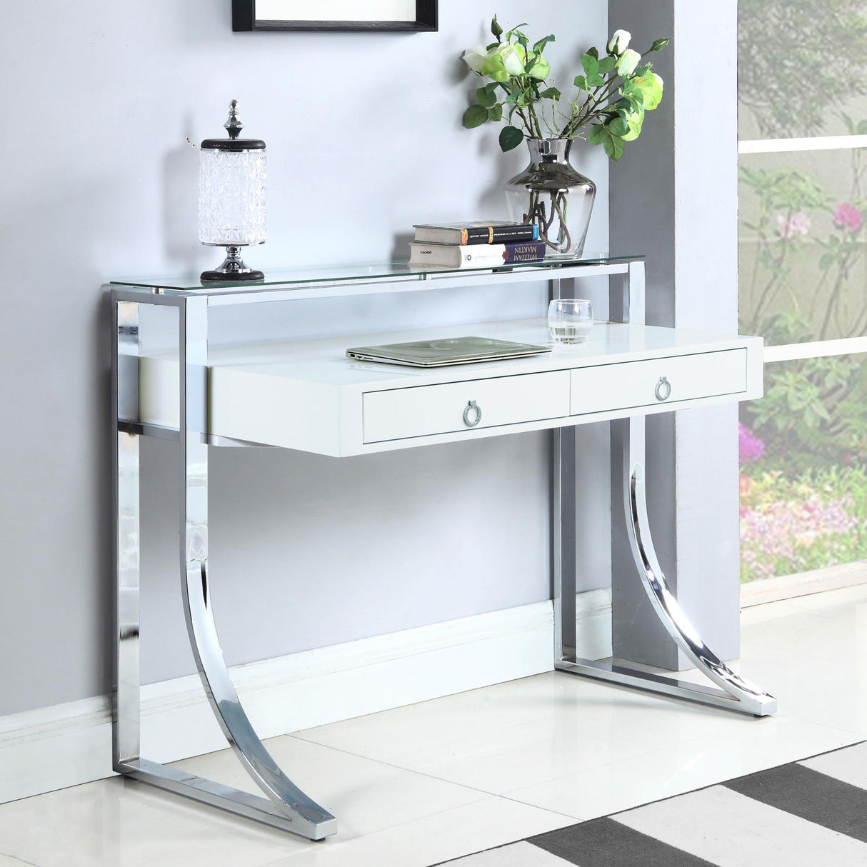 Gemma Glossy White and Chrome 2-Drawer Writing Desk from Coaster - Luna Furniture