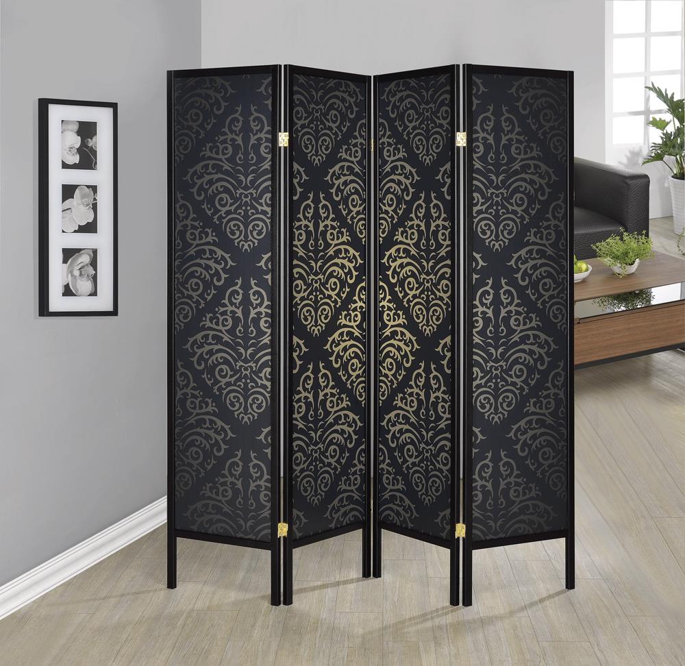 Haidera Black 4-Panel Damask Pattern Folding Screen from Coaster - Luna Furniture