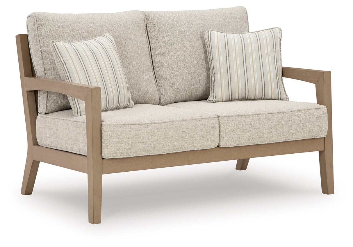 Hallow Creek Driftwood Outdoor Loveseat with Cushion from Ashley - Luna Furniture